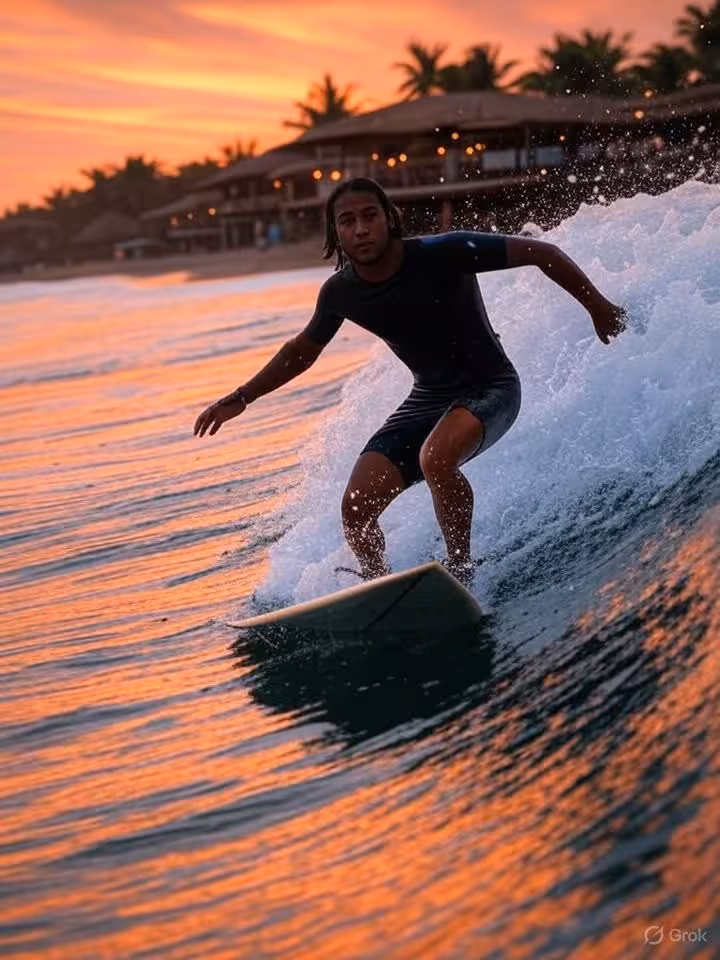 Surfing scene at Máncora beach Peru, bohemian chic beach club in background, perfect waves, adventur