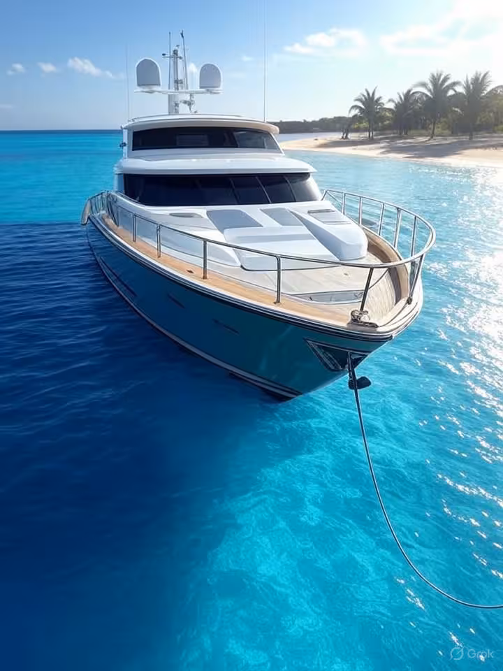 Private yacht anchored near secluded tropical island in Roatan waters, luxury boat experience, cryst