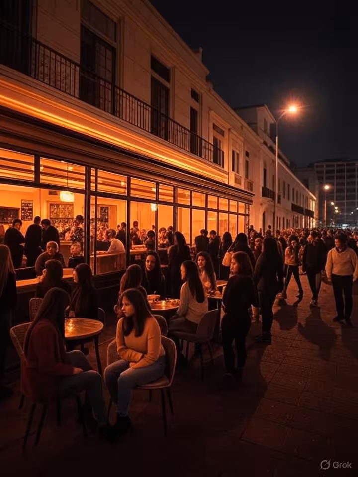 Modern nightlife scene Plaza Foch Quito, trendy bar exterior, warm ambient lighting, stylish young c