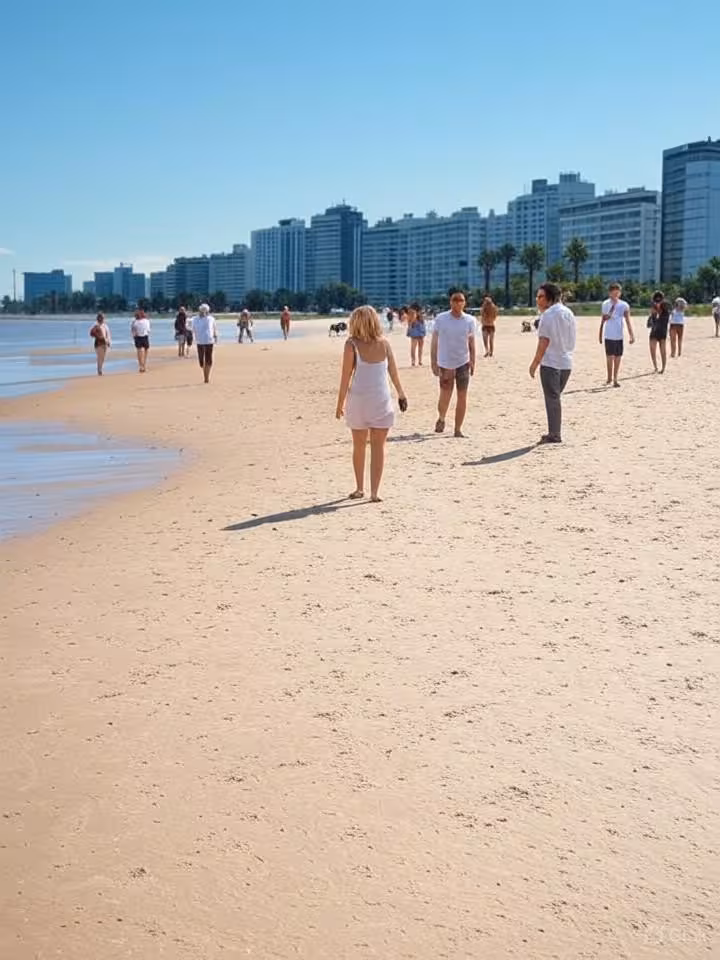 Carrasco beach in Montevideo, upscale neighborhood, people walking on sand, modern buildings in back