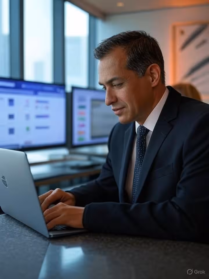 Latin American business executive working on laptop at modern co-working space, contemporary urban p