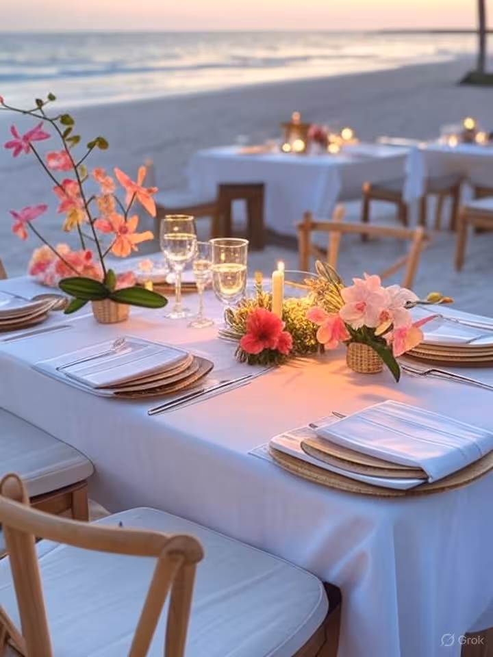 Romantic dinner table setup on a semi-private beach at twilight, candles, tropical flowers, ocean wa