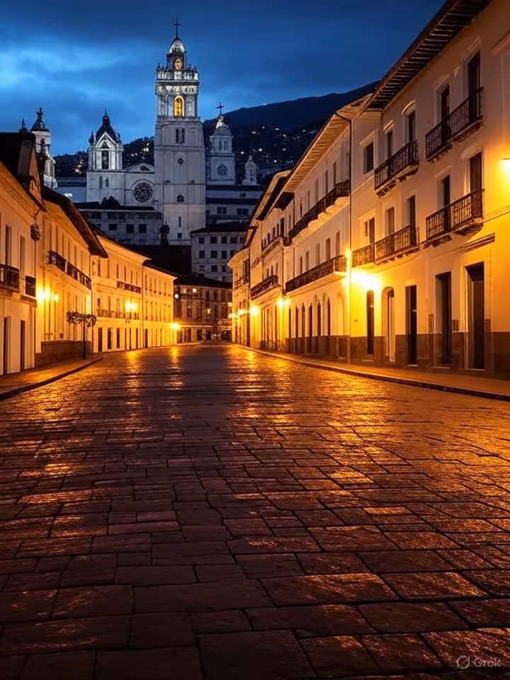 Colonial center Quito at night, illuminated historic buildings and churches, cobblestone streets, ro