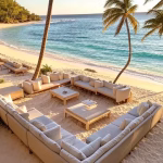 Caribe vs Sudamérica: dos estilos de sugar dating Luxurious Caribbean beach scene with turquoise waters, white sand, palm trees, elegant outdoor terra