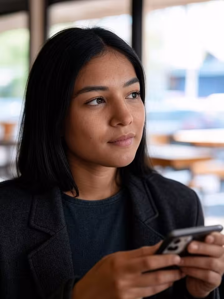 Young Latin American woman looking thoughtful while holding smartphone in modern café, natural light