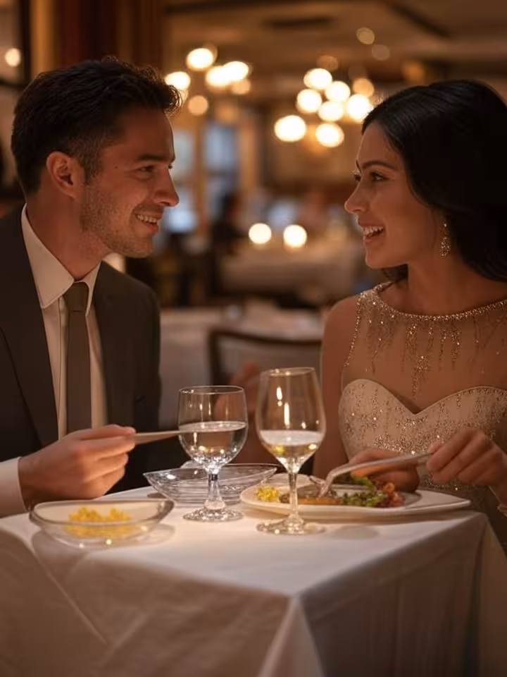 sophisticated couple enjoying fine dining at upscale Latin American restaurant with ambient lighting