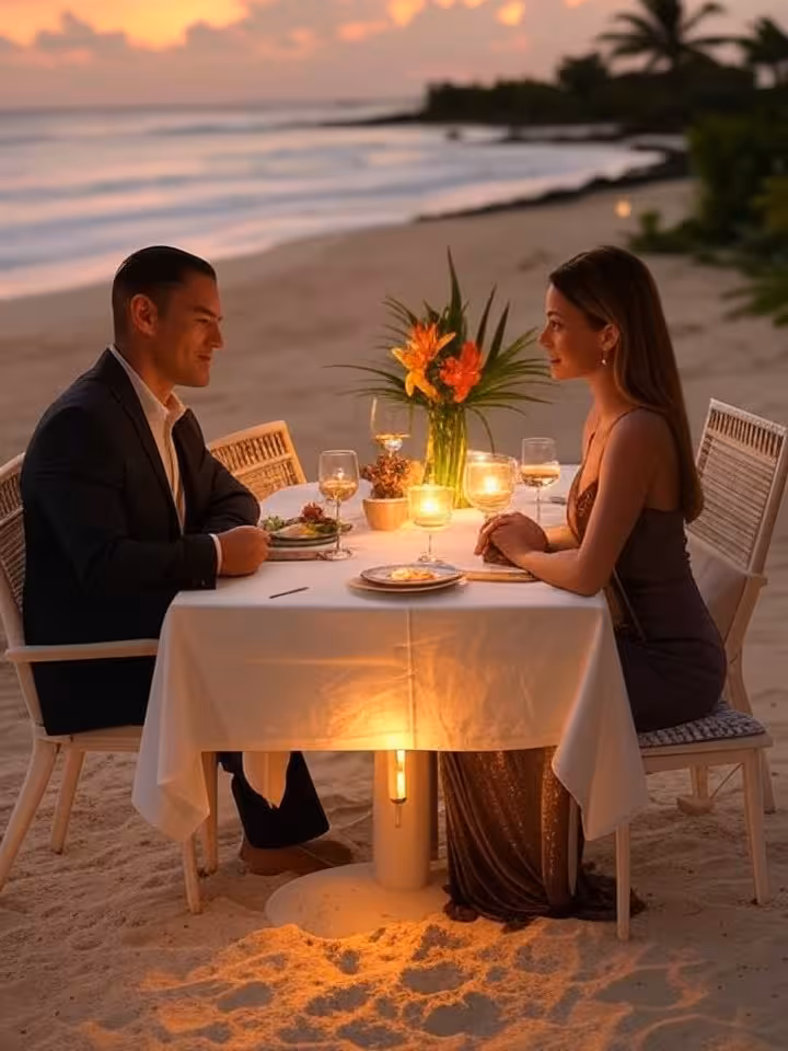 Elegant couple dining at exclusive beachfront restaurant, candlelit table on the sand, ocean waves i