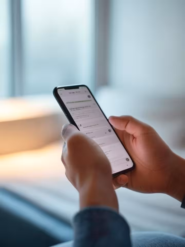 Close-up of hands holding smartphone showing relationship communication chat messages, warm ambient