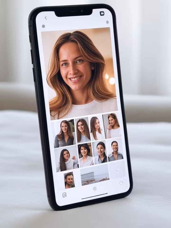 Smartphone screen showing a dating profile interface with photo gallery layout, modern app design, c