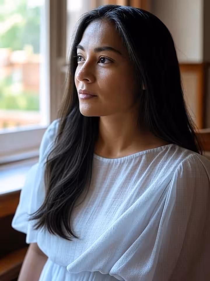 Latin American woman looking thoughtfully out window, contemplative mood, soft afternoon light, repr
