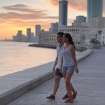 Sugar babys dominicanas: ritmo y belleza caribeña Scenic view of Santo Domingo Malecon at sunset, Caribbean Sea, modern skyline mixed with historic bu