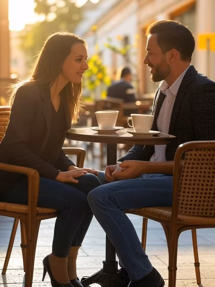 two people having coffee date at upscale Latin American cafe terrace, body language showing positive