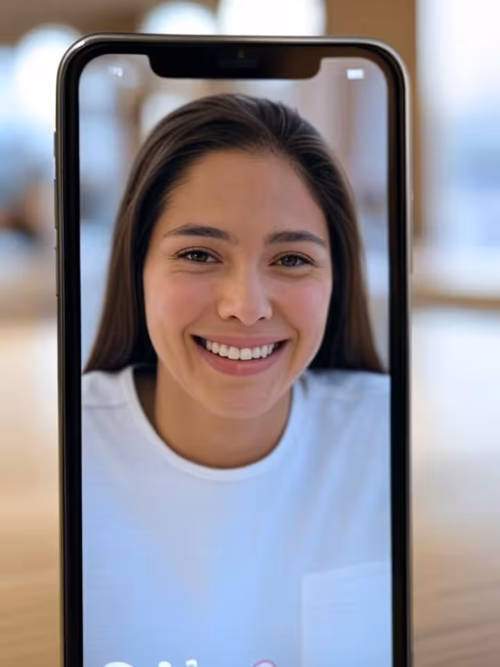 Smartphone screen showing dating app profile with professional photo, clean interface design, modern