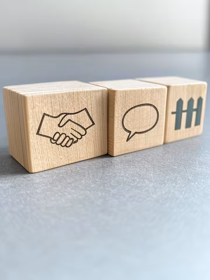 Three wooden blocks with icons representing agreement, communication and boundaries arranged on neut