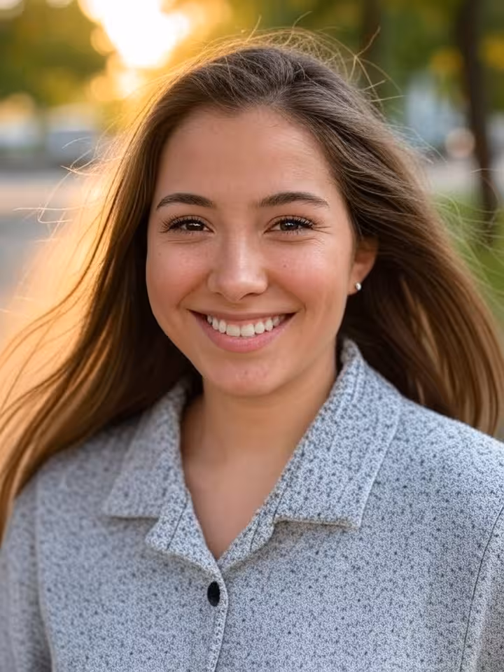 Natural outdoor portrait of confident young woman, candid moment in urban park setting, golden hour