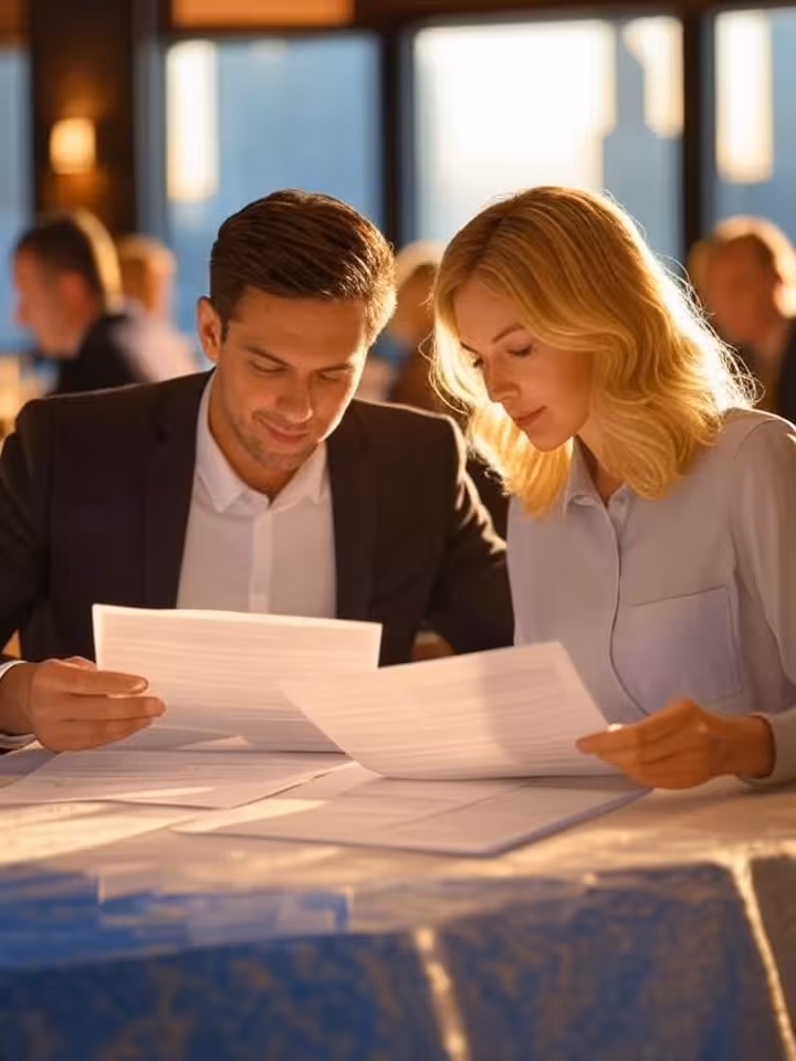 Professional couple reviewing documents together at a stylish restaurant table, evening ambiance, go