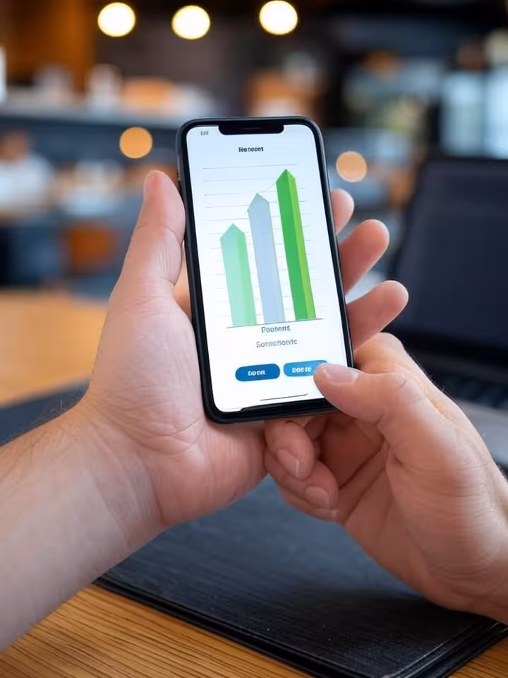 Close-up hands using banking app on smartphone screen showing savings account growth chart, coffee s