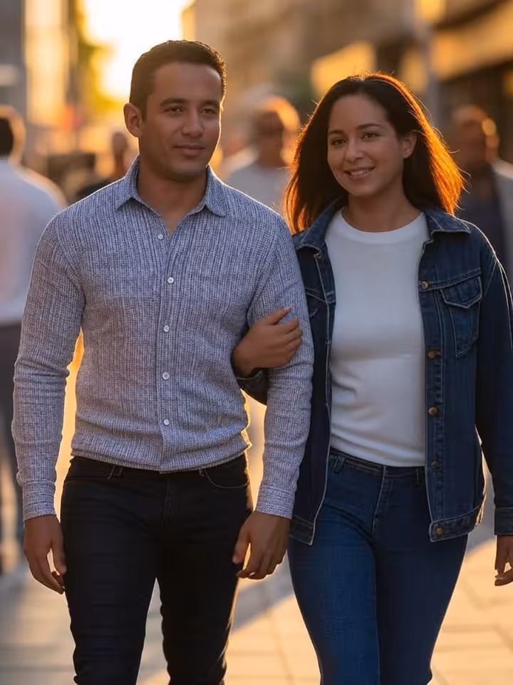 Latin American couple walking together in cosmopolitan city street, cultural diversity, modern urban