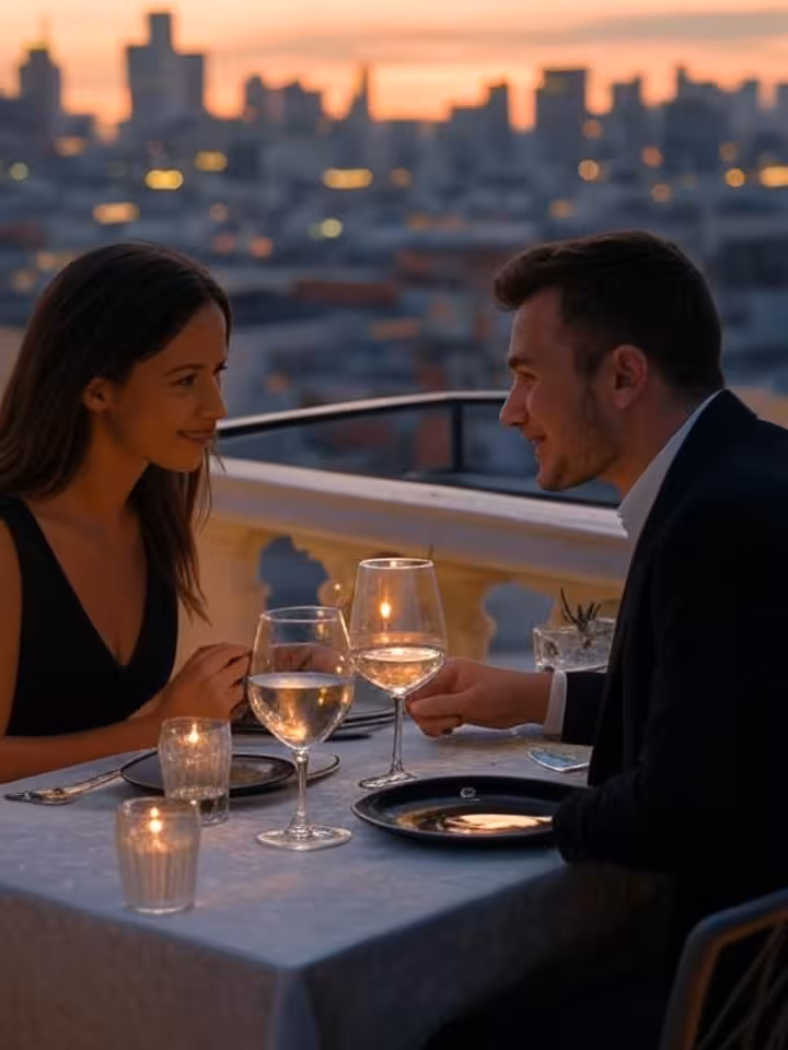 Elegant couple enjoying dinner at rooftop restaurant with city skyline view, sunset lighting, sophis