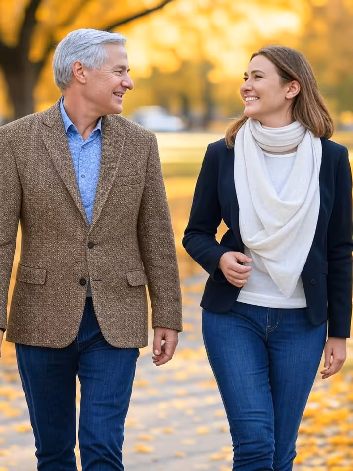 Two people walking in a park maintaining friendly distance, one visibly older, both dressed elegantl