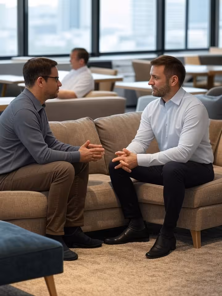 Professional mentorship conversation between two people at modern office lounge, natural window ligh