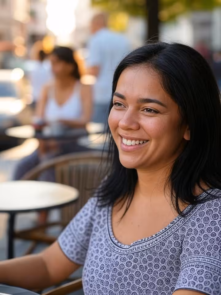 Latin American woman having conversation with supportive friend at outdoor cafe, warm atmosphere, re