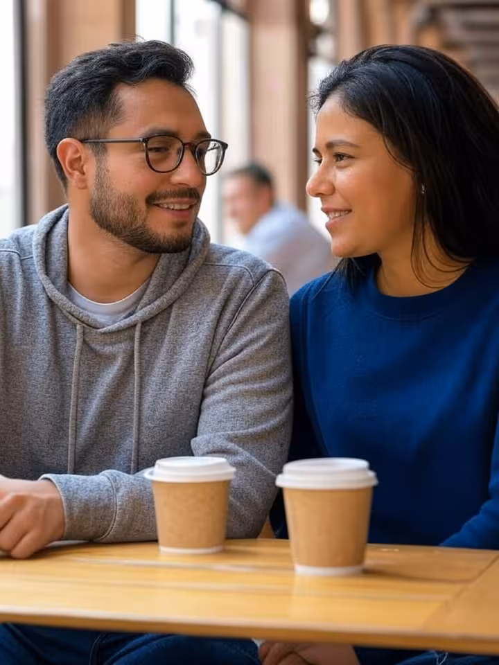 modern young latin american couple having coffee conversation at stylish cafe in historic Queretaro