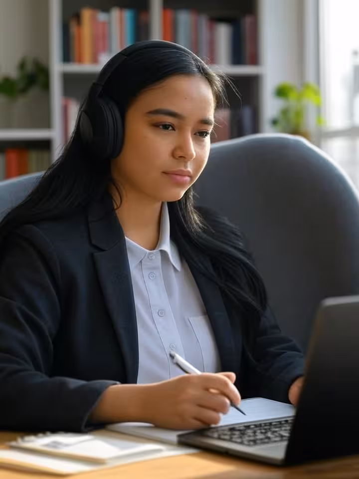 Young professional Latin American woman attending online course on laptop in cozy home office, headp