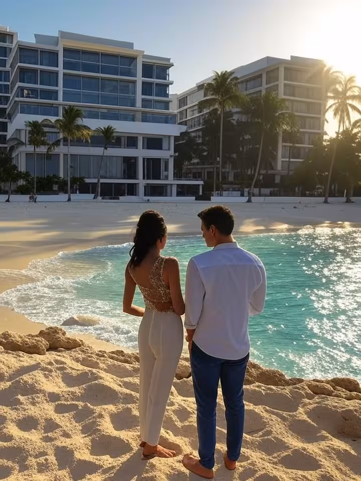 Luxury beachfront resort in Latin America, pristine beach with turquoise waters, modern elegant arch