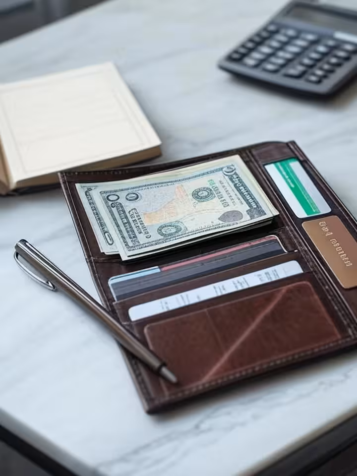 Open leather wallet with organized cash bills and credit cards on marble table, financial planning j