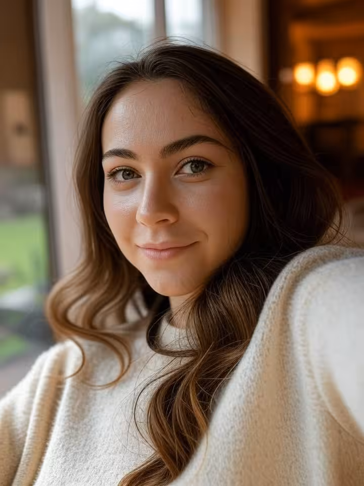 Young woman taking selfie with natural lighting near window, authentic candid moment, casual elegant
