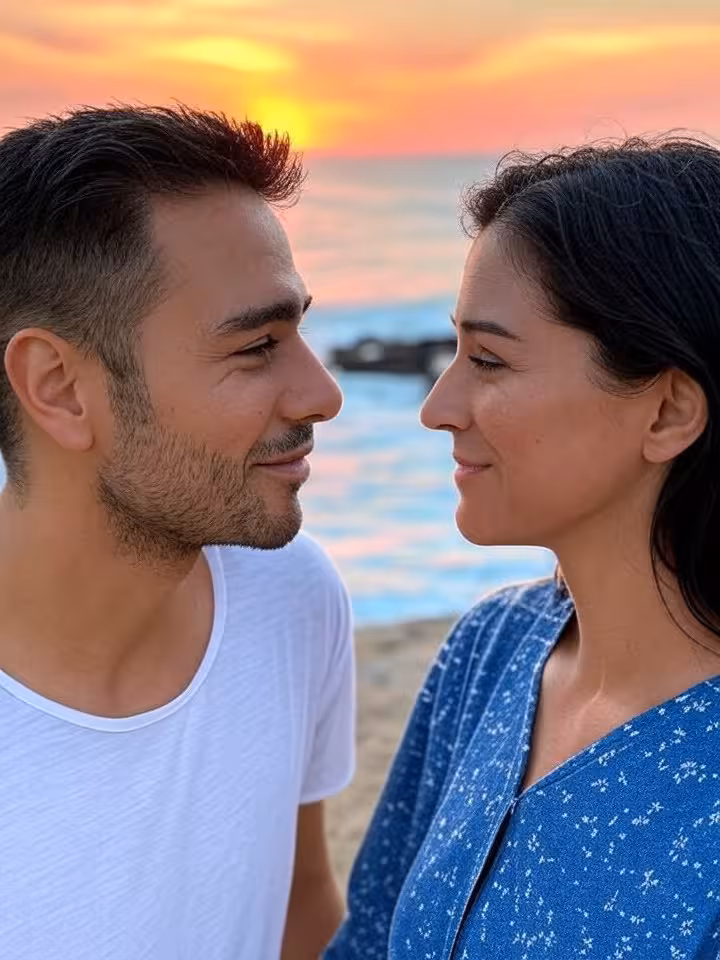 Latin American couple at scenic coastal location, relaxed atmosphere, natural beauty, sunset lightin