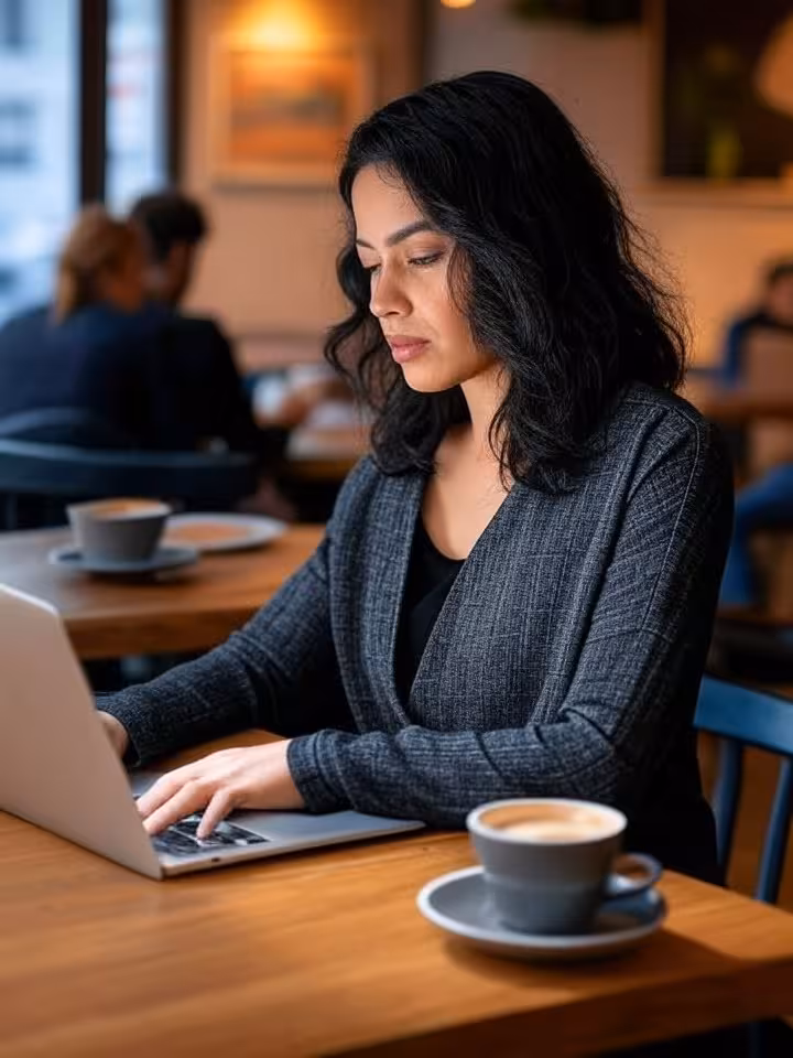 Woman using laptop at modern café, warm interior lighting, focused on digital communication, contemp