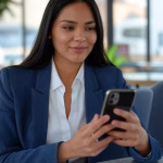 Tu primer mes como sugar baby: paso a paso Young Latin American woman sitting at modern cafe with laptop and smartphone, reviewing dating profi