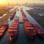 Sugar daddys panameños: el perfil del empresario del canal Aerial view of Panama Canal with massive cargo ships passing through locks, modern city skyline in b