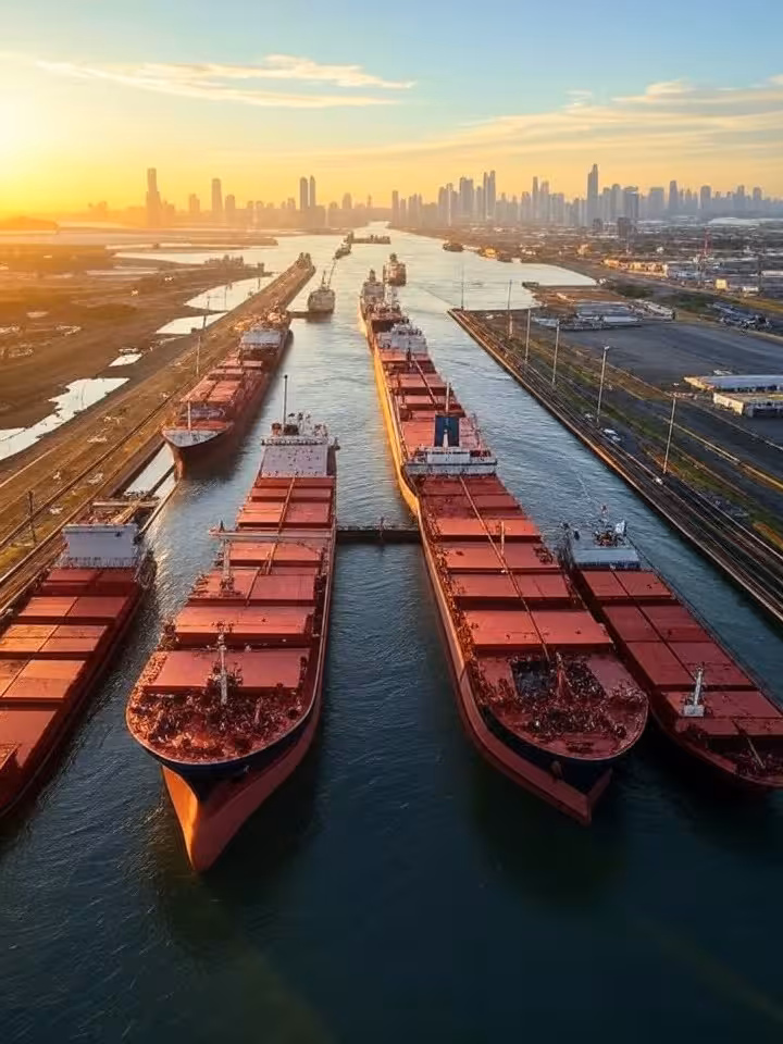 Vista aérea do Canal do Panamá com enormes navios de carga passando pelas eclusas, o horizonte da cidade moderna ao fundo