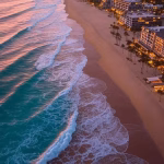 Máncora y las playas del norte: escapadas sugar en Perú Aerial view of Mancora beach Peru at sunset, turquoise Pacific Ocean waves, golden sand coastline, l