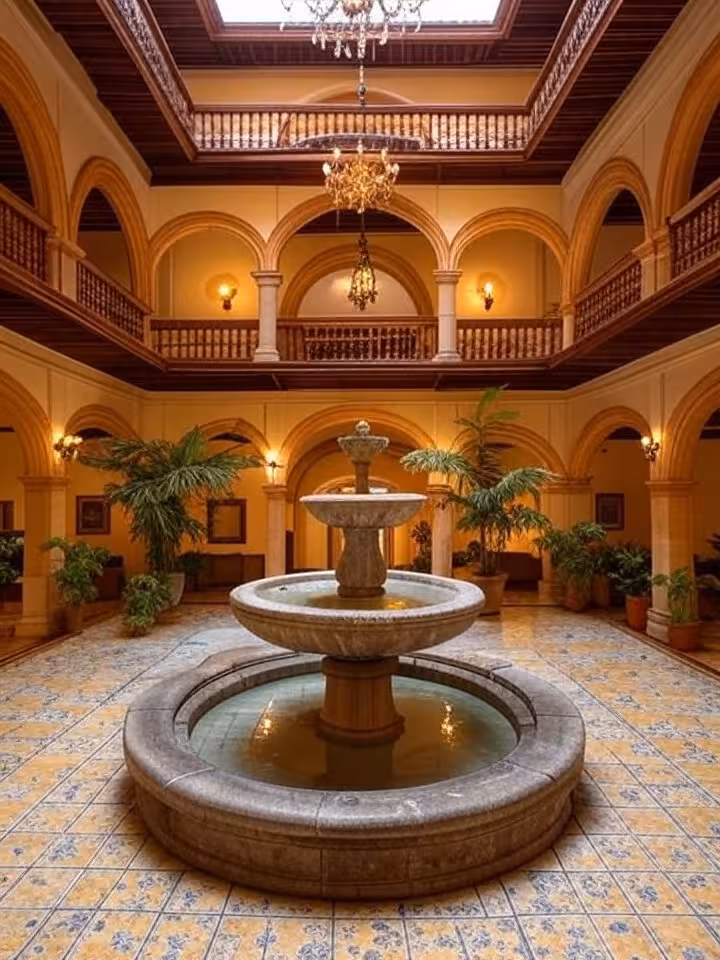Elegant boutique hotel interior in colonial Latin American architecture, intimate courtyard with fou