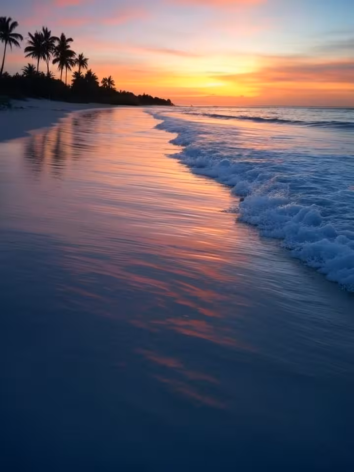 Wide panoramic view of a secluded Caribbean beach at golden hour with perfect surfing waves breaking