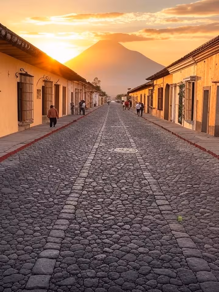 Scenic view of Antigua Guatemala cobblestone streets with colonial buildings and volcano in backgrou