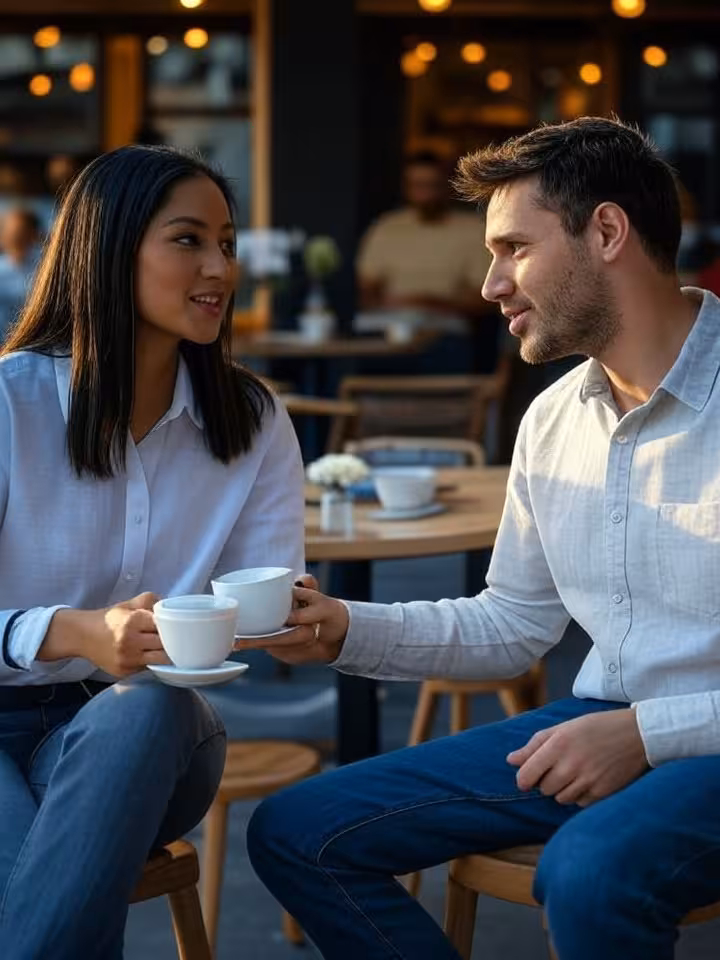 Elegant couple having coffee at trendy Mexican cafe terrace, natural candid moment, warm ambient lig
