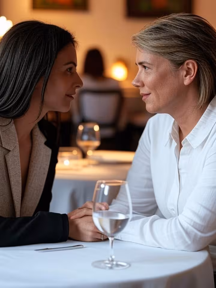 Duas pessoas conversando de forma significativa em uma mesa de restaurante elegante, em um ambiente latino-americano, ao ar livre