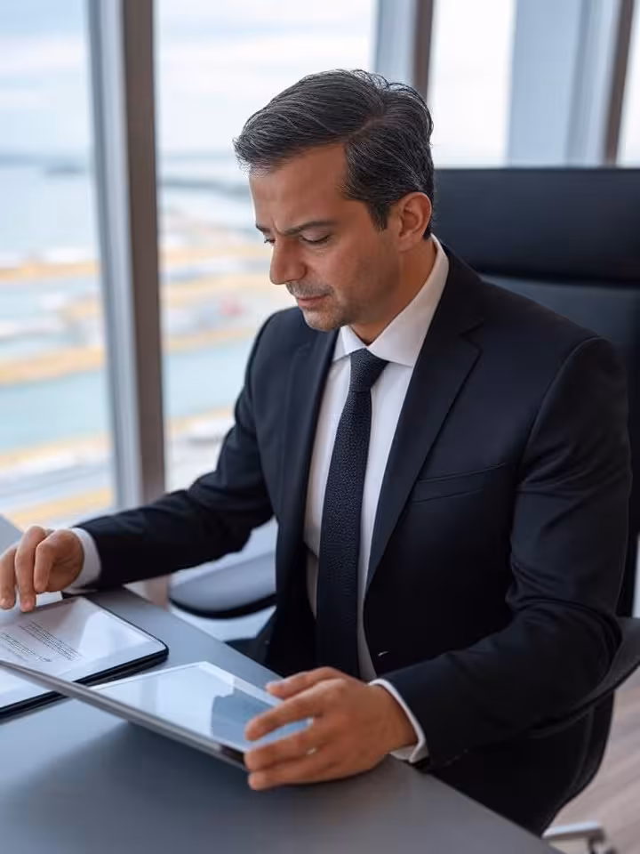 Elegante empresário latino-americano em terno sob medida analisando documentos em um tablet em uma água luxuosa