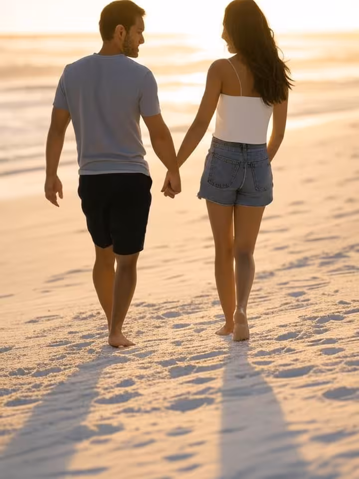 Couple walking hand in hand on pristine Peruvian beach at golden hour, footprints in sand, ocean wav