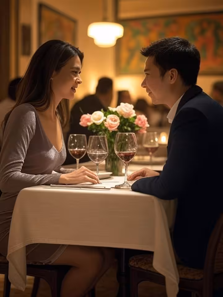 Romantic dinner setting at upscale Mexican restaurant, sophisticated table arrangement, warm intimat