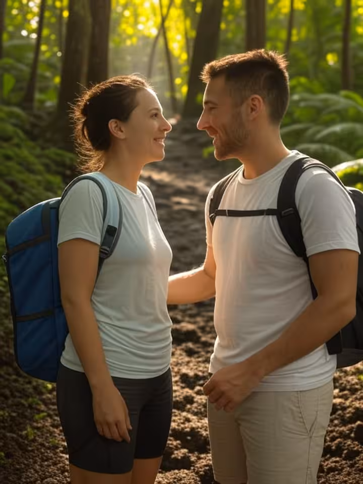 Couple hiking together on volcanic trail in Nicaragua rainforest, tropical vegetation, adventure pho