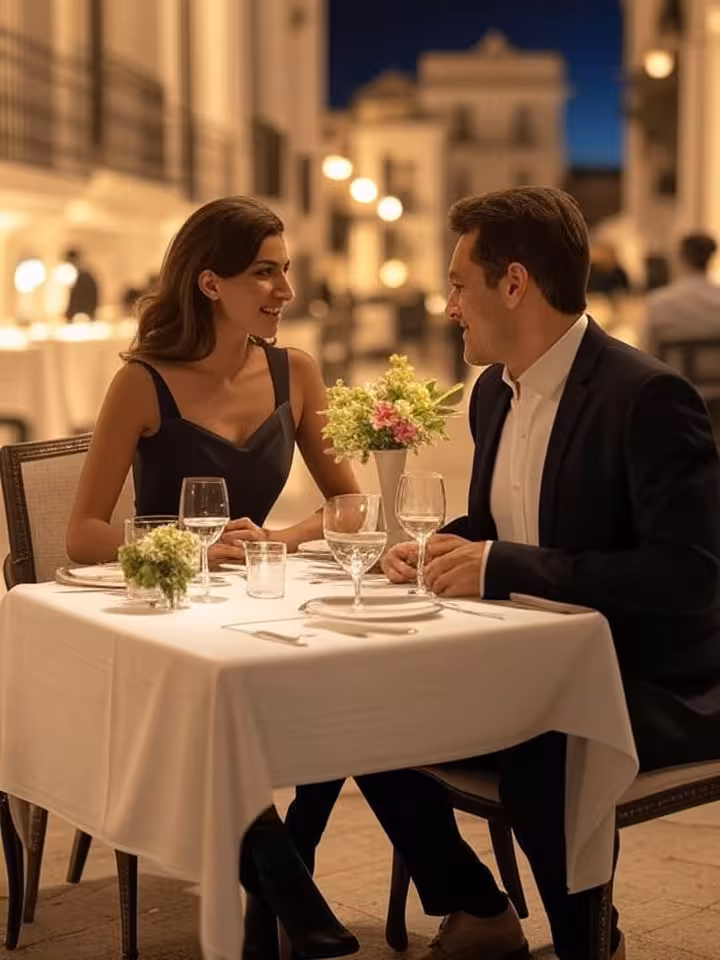 Jantar sofisticado no terraço do restaurante de luxo Casco Antiguo, casal elegante envolvido em conversa