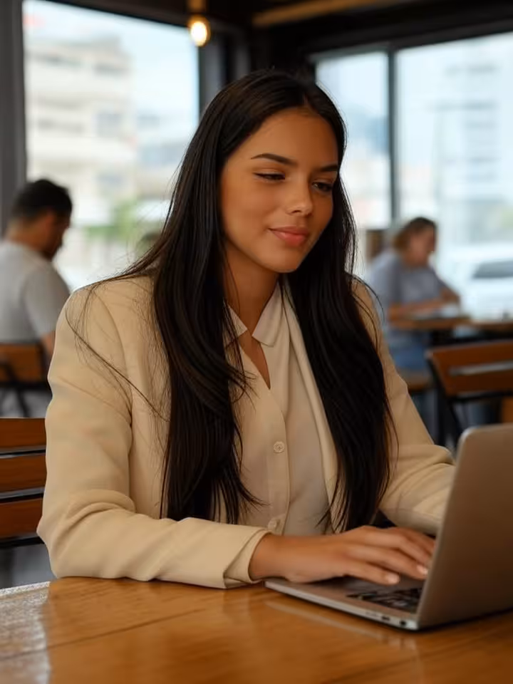 Jovem latino-americana elegante em traje casual de negócios trabalhando em um laptop na moderna Cidade do Panamá