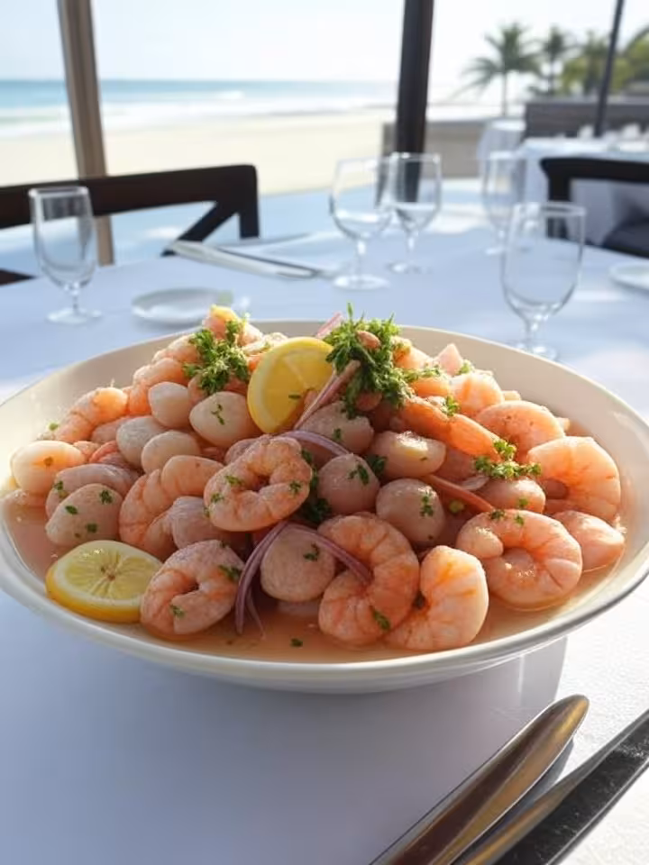 Traditional Peruvian ceviche platter with fresh seafood on elegant restaurant table overlooking beac