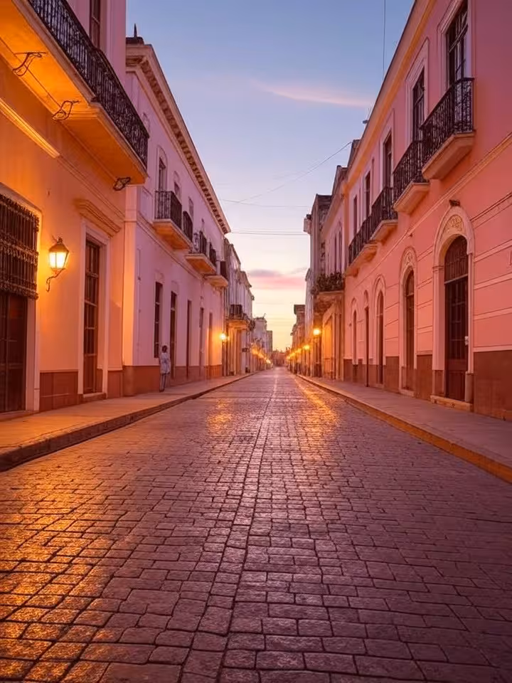Historic center street in Latin American colonial city at dusk, colorful buildings with balconies, c